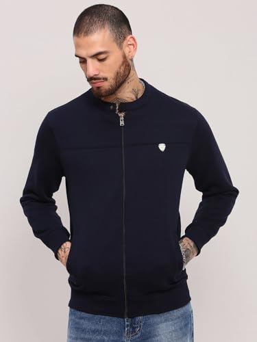 Image of SHOWOFFFF Men Solid Front-Open Sweatshirt | Mandarin Collar Full Sleeves Cotton Sweatshirt's for Mens | Slim Fit Regular Length Sweatshirts for Men's