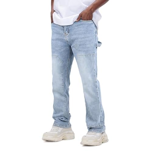 GINGTTO Men's Jeans Slim Fit Flared Stacked Denim Pants Hip Hop Streetwear Light Blue-1 28