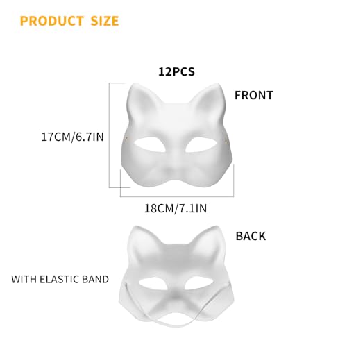 12 Pcs Cat Masks to Decorate, Therian Pure White Paper DIY Blank Fox Hand-Paintable Anime Half Face Masks for Masquerade Carnival Cosplay Halloween