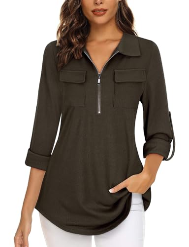 Gemulate Long Sleeve Tops for Women Ladies Blouses with Zip Three Quarter Sleeve Green Tops for Women V Neck Polo T Shirts Tunic Top for Leggings Brown Green M