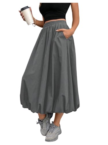Verdusa Women's A Line Bubble Skirt Casual Dressy Ruffle Flowy Long Skirts with Pockets