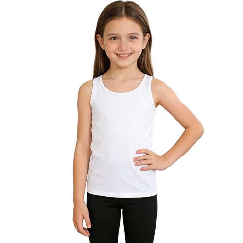 Yilook Girls White Tank Top Undershirts Girls Dance Outfit Tops Size 7-8 Kids Cheer Under Shirts Workout Undershirt for Teens Cotton Racerback Workout Vest Clothes