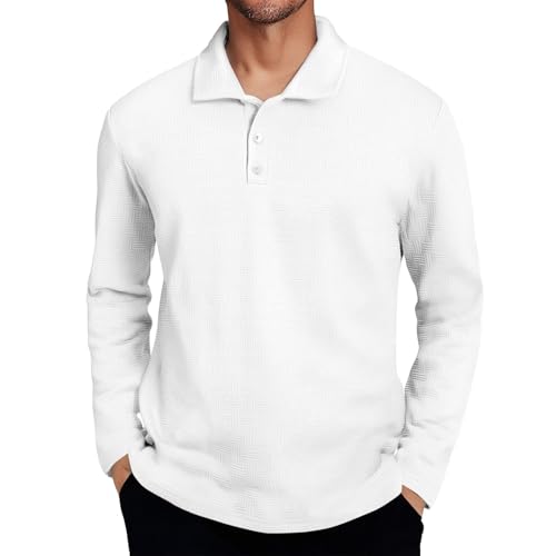 Image of AIDTFUIEY Mens Polo Shirts Short Sleeve Jacquard Collar Casual Sporty Henley Polo Shirts for Soft Breathable Polos Shirts Daily & Outdoor Tee (White, S)