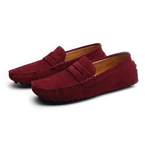 Penny Loafer for Men Square Apron Toe Slip On Driving Shoes Stitching Nubuck Leather Anti Slip Rubber Sole with Grips Solid Color(Wine,10 M US)3