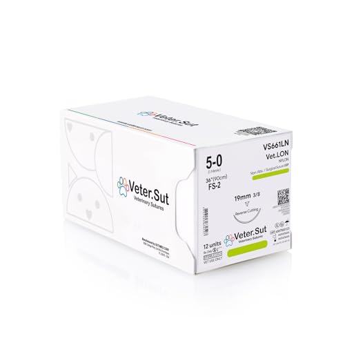 Veterinary Sutures - VeterSut VetLON Non-Absorbable Nylon Surgical Suture USP Size 5-0, (FS-2) 3/8 19mm Reverse Cutting Needle, 36 Inches (90 cm), 12 Count, Veterinary Use