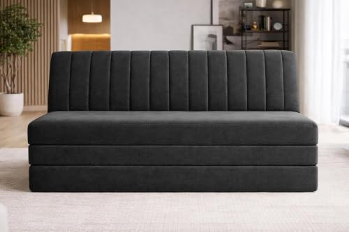 Image of 3-Seater Foldable Sofa Bed with Adjustable Backrest, Modern Velvet Fabric Folding Couch for Living Room, Guest Room & Small Spaces-Black