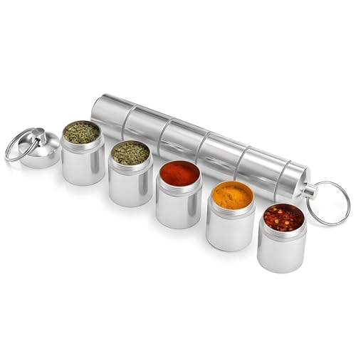 Gewürzstreuer Camping Set 5-in-1, Mini Gewürzdosen Wasserdichte und Leichte Aluminium Spice Jars, Tragbare Gewürzgläser für Outdoor Picknick, BBQ, Reise und Küche Kochen, Camping Gewürze Zubehör