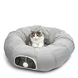 AUOON Cat Tunnel Bed for Indoor Cats - Large Cat Donut Tunnel with Hanging Ball Toy, Collapsible 2-in-1 Multifunctional Interactive Cat Toy for Kitten, Puppy, Rabbit, Ferret (Light Grey)