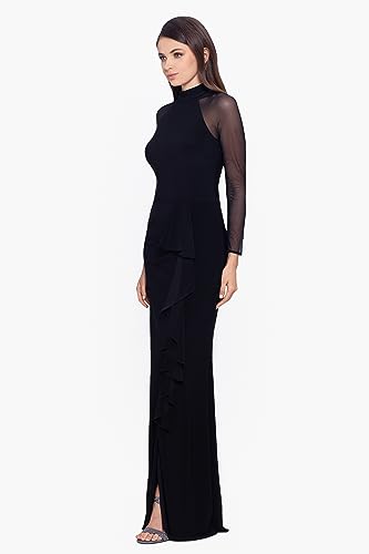 Image of Betsy & Adam Women's Jersey Knit Illusion Mock Neck Long Sleeve Ruffle Slit Floor Length Dress