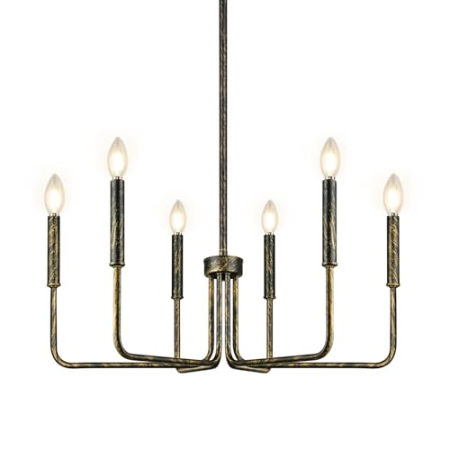 Rustic Black Chandelier, 6-Light Antique Farmhouse Chandelier for Dining Room Lighting Fixtures, Vintage Candle Pendant Light Fixtures Chandeliers for Dining Room Bedroom, Foyer and Living Room