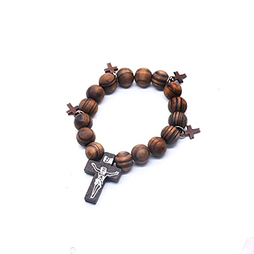 COLORFUL BLING Pulsera de cruz de madera religiosa con cuentas de crucifijo de oración para rosario unisex marrón