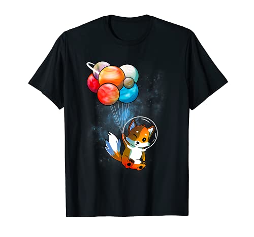 Funny Outer Space Fox Balloon Planets Space Travel Universe T-Shirt, Black