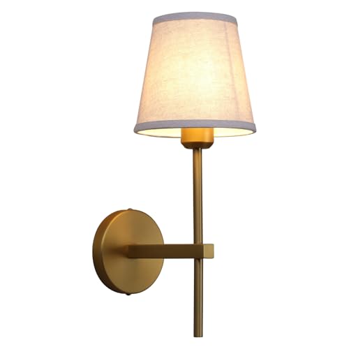 Image of Phansthy Hardwired Brass Boho Wall Sconce, 1-Light Vintage Industrial Wall Lamp, Vanity Wall Lighting with Natural Linen Fabric Shade for Bathroom Bedroom Living Room (Antique Gold)