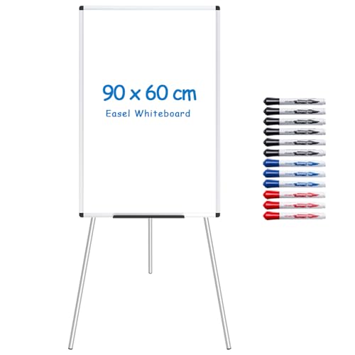 VIZ-PRO Chevalet de conférence - Tableau Blanc Effaçable & Magnétique - Réglable en hauteur & usage flexible, 90 x 60 cm, Comprenant 12 Marqueurs