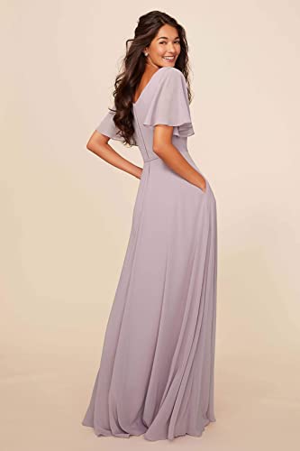 Chiffon Bridesmaid Dresses for Women with Pockets Sash Long Flutter Sleeves Wedding Formal Evening Gown2