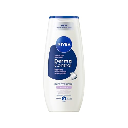 NIVEA - Gel Douche Corps Derma Control Restore - Douceur & Soin - Enrichi En Acide Hyaluronique Pur & Vitamine E - Parfum Hypoallergénique - pH Neutre - Peaux Sensibles - 250 ml NIVEA - Gel Douche Corps Derma Control Restore - Douceur & Soin - Enrichi En Acide Hyaluronique Pur & Vitamine E - Parfum Hypoallergénique - pH Neutre - Peaux Sensibles - 250 ml