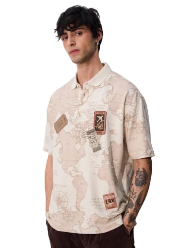Image of The Souled Store Travel Badges Men and Boys Short Sleeves Collared Neck Beige Applique Patches Cotton Oversized Polos
