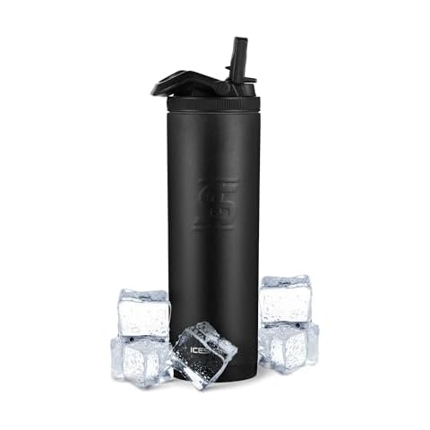 Ice Shaker Insulated Stainless Steel Sports Bottle | 20 oz, Black | Stays Cold for 24+ Hours | Flip Up Sport Straw | Odor-Free Sports Bottle for Protein Shakes, Water, Intra-Workout Cover