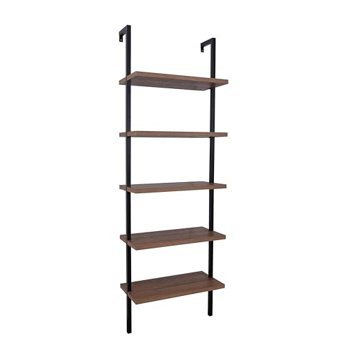 Nathan James Theo 5-Shelf Oak Wood Modern Bookcase, Open Wall Mount Ladder Bookshelf with Industrial Black Metal Frame