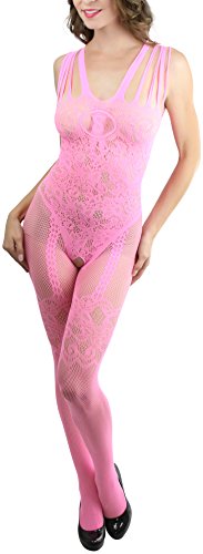 Image of ToBeInStyle Women's Bodystocking Crotchless Peek-A-Boo Fishnet Lace Bodysuit