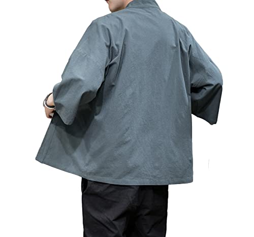 Image of Mens Kimono Cardigan Cotton Linen Japanese Shirt 3 /4 Sleeve Haori Yukata | Skin-Friendly Solid Color Lightweight Shawl Collar Kimono Robe Embroidery Button Tie Pockets Happi Coat All Season Daily Wear