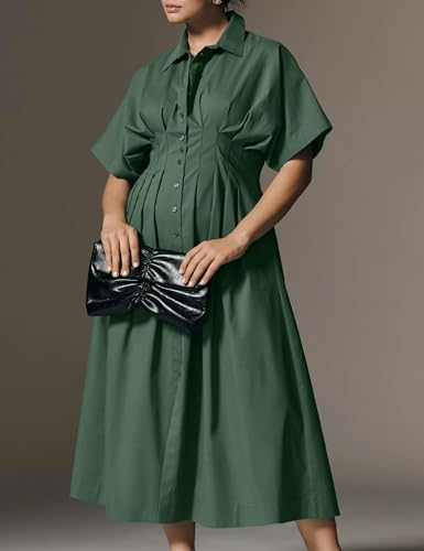 Image of Women Striped Button Front Pleated Maxi Shirt Dress Short Sleeve Collar V Neck Summer Casual Corset Long Dress Dark Green