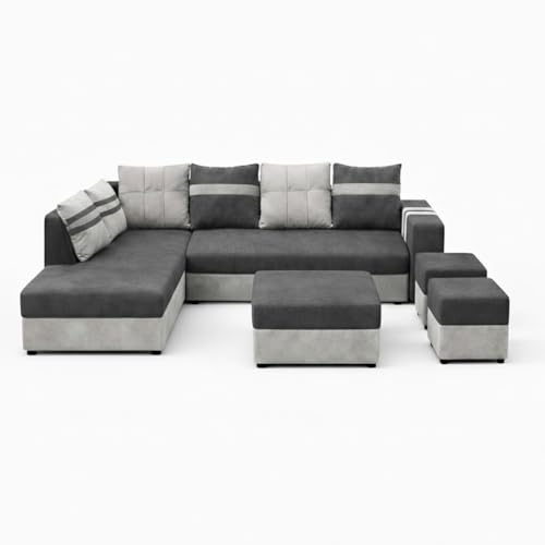 Image of Stova Luxe Velvet-Suede Fabric 8 Seater LHS Sofa Set | with 2 Ottomans& Centre Table| Comfortable & Spacious Seating | Modern Sofa Set for Living Room - Light Grey & Dark Grey
