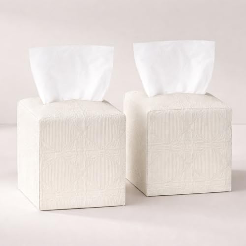 Avolander Tissue Box Cover 2-Pack Square Tissue Holder with Bottom Belt Modern Tissue Case Facial Paper Organizer Dispenser for Bathroom Office Home Table Car White Linen Pattern