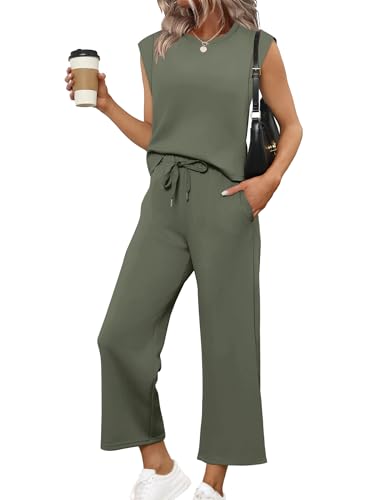 Image of SAMPEEL Two Piece Sets for Women Casual Travel Vacation Outfits Summer Wide Leg Crop Pants Lounge Sets
