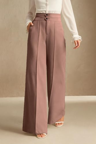 Image of SAKHWALA Women's High Waist Wide Leg Formal Trousers with Double Button Waistband | Office Wear & Casual Wear Pants with Side Pockets - Beige, Grey & Pink