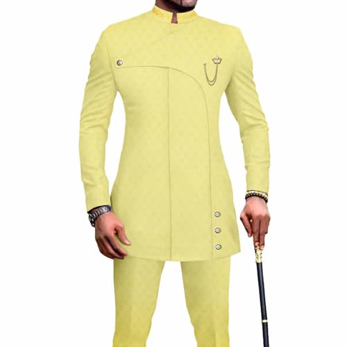 Dashiki Traditionnel Haut Chemise Pantalon Survêtement Homme Vêtement Africain Jaune L