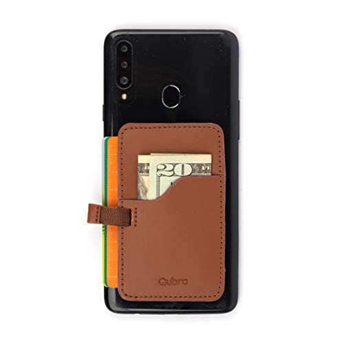 Qubra Leather Phone Wallet Stick On with Strong Adhesive, Card Holder for Back of Phone, Credit Card Holder for Cell Phone Compatible with iPhone Android and Most Smartphone (Brown)