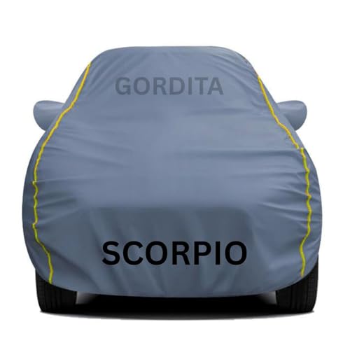 Image of Waterproof Car Body Cover for Scorpio All Weather Protection Comes with Inner Cotton Lining & Triple Stitched with Mirror & Antenna Pocket Belt & Elastic Fit Grey with Yellow Piping2
