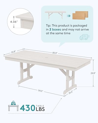 Image of SERWALL Outdoor 84 inch HDPE Dining Table with Umbrella Hole for 6-8, White | 9-piece HDPE 84 inch dining table, Ideal for Outdoor Gathering
