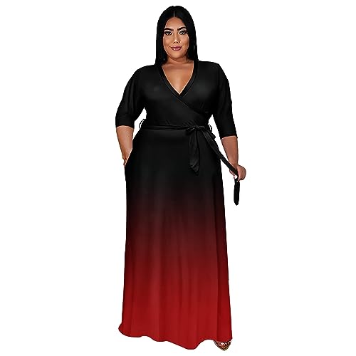 Image of Runwind Plus Size Dress for Women - 3 /4 Sleeve V Neck Maxi Dresses for Women (XL-6XL)