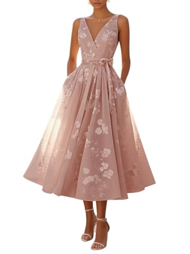 Minetom Cocktailkleid Damen Elegant Blumen Spitze Midi Rockabilly Hochzeit Kleid Vintage A-Line Swing Festlich Abendkleid Partykleid A Dunkelrosa L