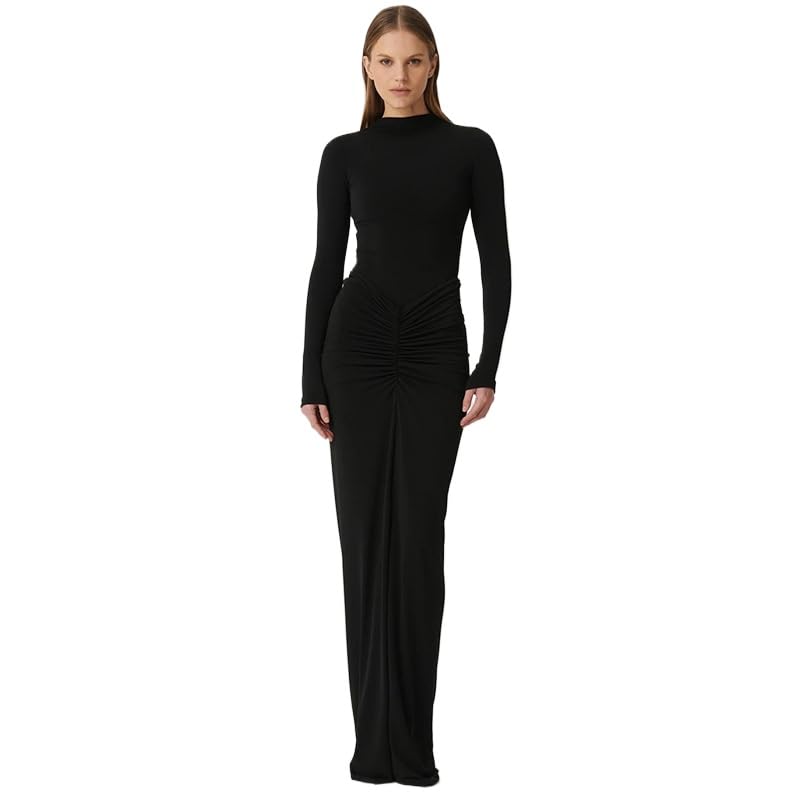 Image of Womens Sexy Maxi Dress Long Sleeve Ruched Bodycon Turtleneck Club Party Casual Wedding Dresses