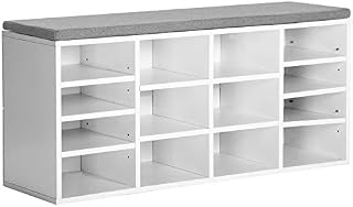 Leisure Zone Wooden Shoe Bench Storage, White Shoe Cabinet Rack Cupboard Organizer with Seat Cushion for Hallway, Size: W 104 x D 30 x H 48 cm(14-Grids)