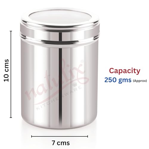 Image of NATULIX 250gms Stainless Steel Small Containers for kitchen with See Through Lid | Kitchen Containers Set | Silver (450ml - 6pcs) Food Grains Capacity - 250gms Approx