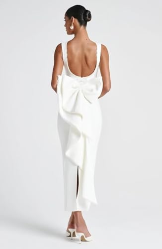 Dessiny Pearl Satin Cocktail Dress with Bow Back Bodycon 2025 Midi Formal Party Gowns for Women DE4542