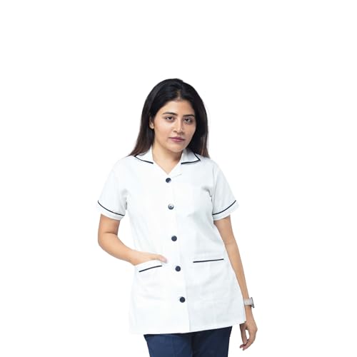 UNIFORM CRAFT Women's Polyester and Cotton Twill Nurse Uniform,ONLY TOP (White Navy,L -Size)