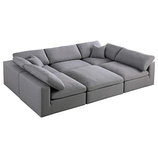 Meridian Furniture Serene Collection Modern | Contemporary Deluxe Cloud-Like Comfort Modular Sectional, Soft Linen Textured Fabric, Down Cushions, 2 Corner + 3 Armless + 1 Ottoman, Grey