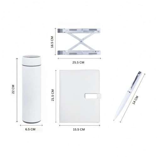 Image of Personalised 4 in 1 Corporate Gift Set which Includes Diary,Vaccum Flask, Laptop Stand, Metal Pen & Gift Set for, Employee of The Month, Corporate Gift for Clients (White)