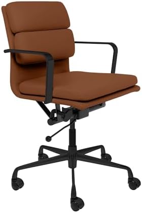 Laura Davidson Furniture SOHO II Padded Management Office Chair - Mid Back Desk Chair with Arm Rest, Swivel & Cushion Availability, Made of Faux Leather, Brown with Black Frame, Computer Chair