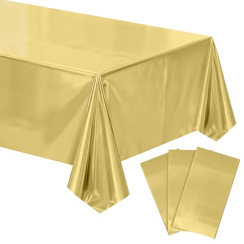 mwellewm 3Pcs Gold Tablecloth Light Champagne Gold Disposable Table Cloth Plastic Metal Shiny Foil Table Cover for Birthday Graduation New Year Decorations Wedding Anniversary Grad Party 54x72Inch