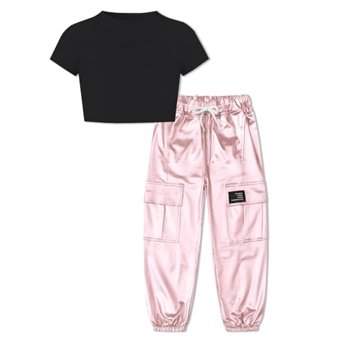 Image of Betusline Girls Clothes 2 Piece Set, Black Cute Short Sleeve Crop Tops + Light Pink Metal Cargo Jogger Pants Clothes,13-14 Years = Tag 170
