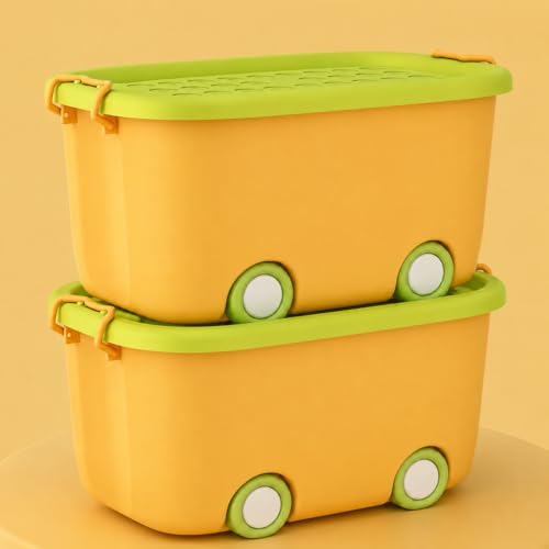 Image of JD FRESH 25 Litre Rolling Toy Storage Box /Colorful Car-Shaped Kids Toy Storage Organizer /Large Size Plastic Storage Box with Wheels & Handle /Stackable Storage Container Box (Pack of 2, Yellow)