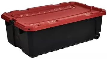 57 Gallon Storage Tote with Wheels in Black with Red Lid YU71174