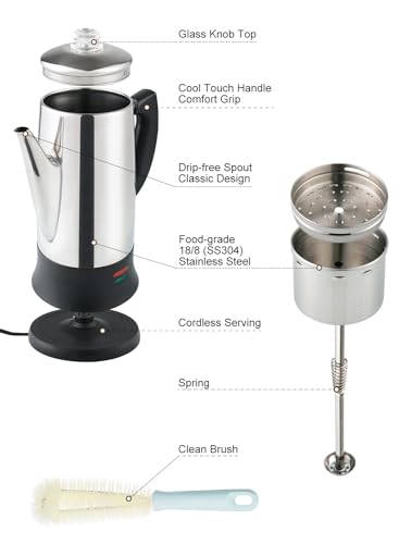Apoxcon WEP1800-2 12 Cup Electric Coffee Percolator With Etl Approval Stainless Steel Coffee Maker With Heat Resistant Glass Knob Classic Look Cord-Less Server Coffee Pot thumb #6