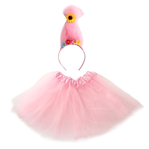 Wildarms Tutu Skirt & Troll Headband Set - 3-Layer Ballet Skirt with Sunflower Tulle Headband Adult Halloween Costume (Pink one Size)